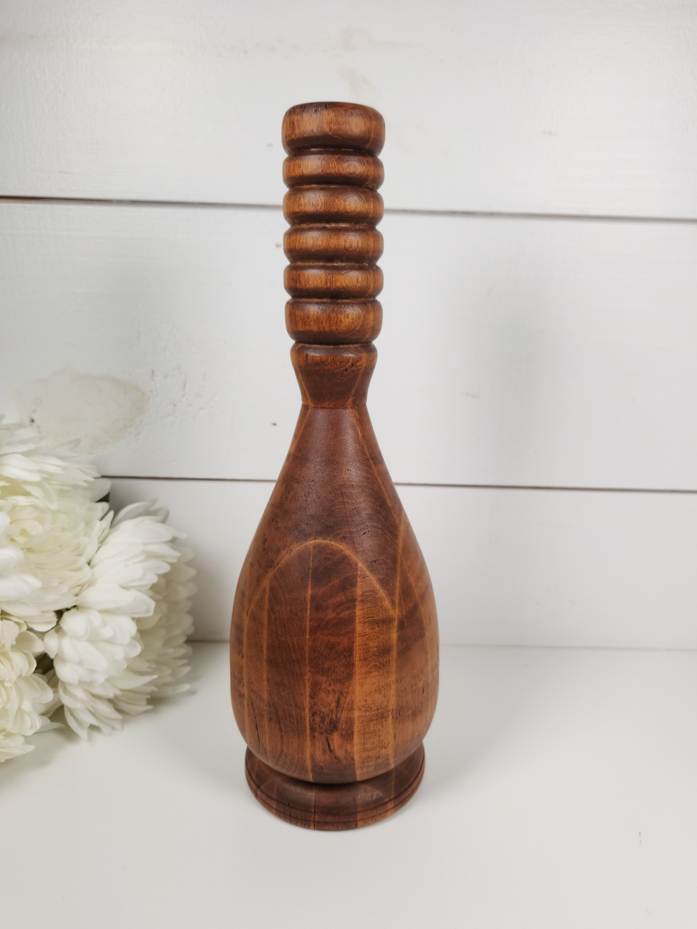 Large Vintage Hand Turned Wood Candlestick Holder | Mid Century Boho Style